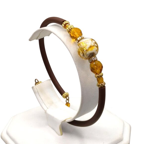 Murano Art Glass Silicone Bracelet, Elegant Brown Orange and Gold, Crystal Accen - Picture 2 of 5